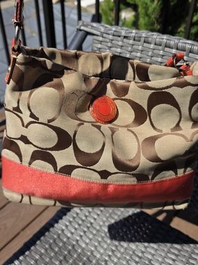 Coach Signature Canvas Hobo Bag in Khaki Brown with Red Trim